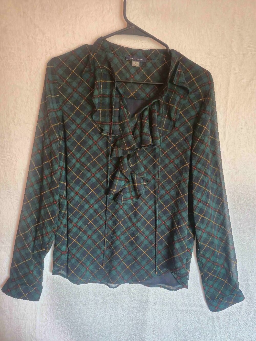 Tommy Hilfiger Plaid Ruffle Blouse Medium Sheer Tartan Preppy Dark Academia
